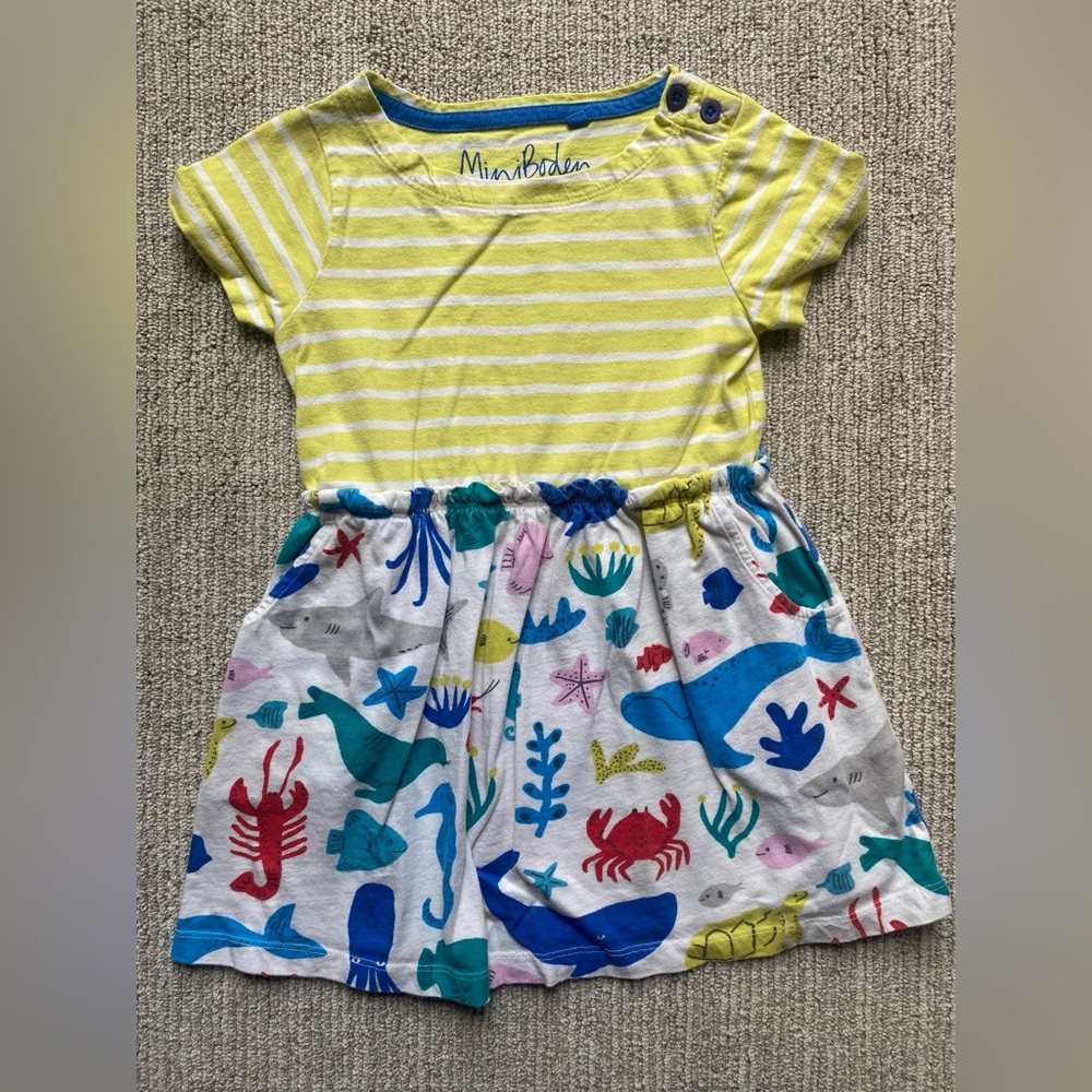 Mini Boden Size	3-4Y Striped Yellow and Ocean Print Dress